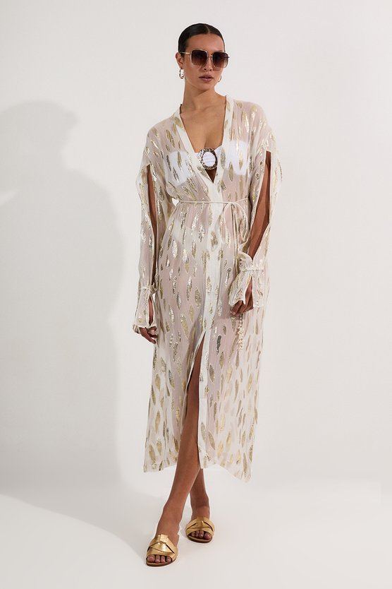 karen millen Beach Metallic Thread Plunge Shirt Maxi Dress ivory