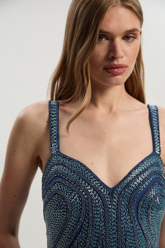 Karen Millen Beaded Contour Sweet Heart Neckline Woven Maxi Dress Blue