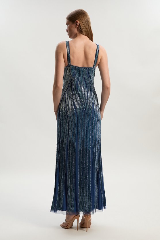 Karen Millen Beaded Contour Sweet Heart Neckline Woven Maxi Dress Blue