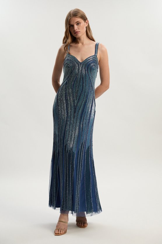 karen millen Beaded Contour Sweet Heart Neckline Woven Maxi Dress blue