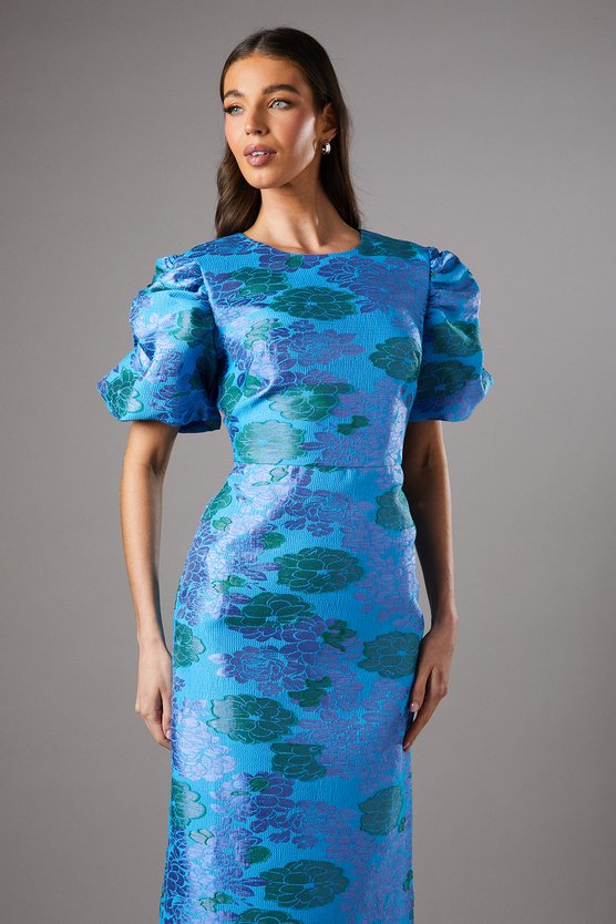 Karen Millen Blue Floral Puff Sleeve Midi Dress Blue