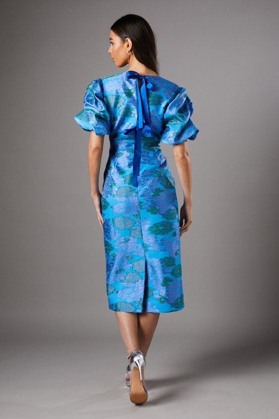 Karen Millen Blue Floral Puff Sleeve Midi Dress Blue