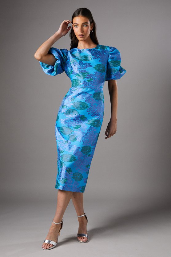 karen millen Blue Floral Puff Sleeve Midi Dress blue