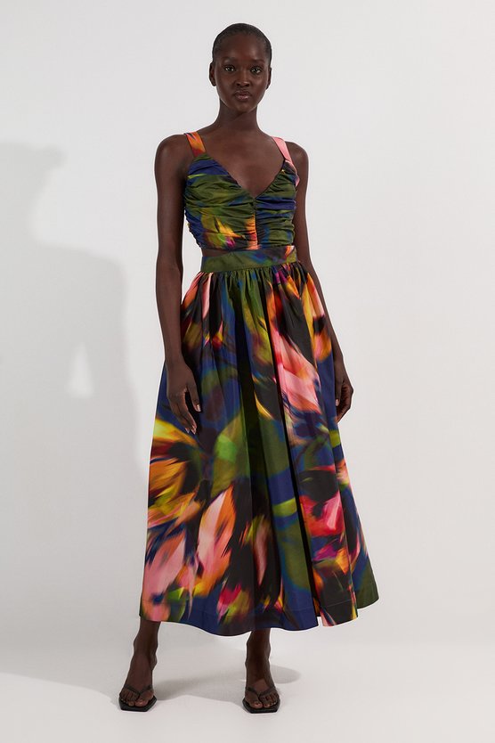 Karen Millen Blurred Floral Drama Woven Taffeta Maxi Dress Multi