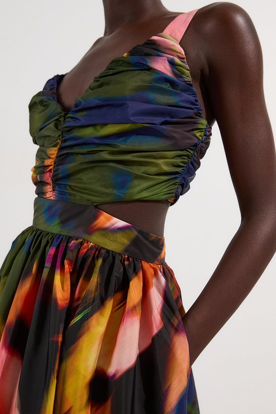 Karen Millen Blurred Floral Drama Woven Taffeta Maxi Dress Multi