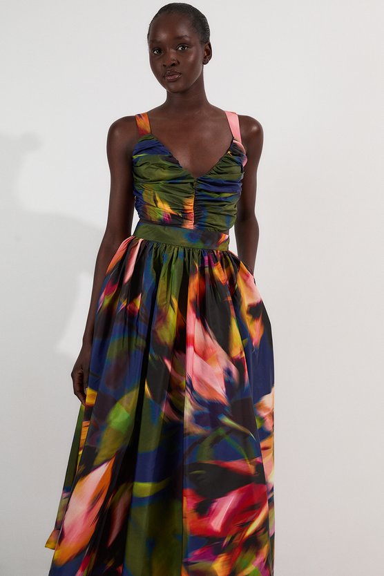 karen millen Blurred Floral Drama Woven Taffeta Maxi Dress multi