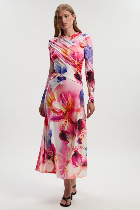 Karen Millen Botanic Floral Jersey Crepe Twist Maxi Dress Floral
