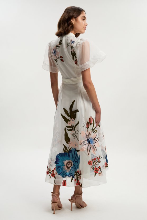 Karen Millen Botanical Embroidery Organdie Angel Sleeve Midi Dress Ivory