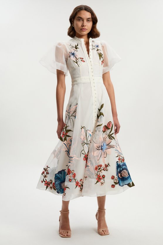 karen millen Botanical Embroidery Organdie Angel Sleeve Midi Dress ivory