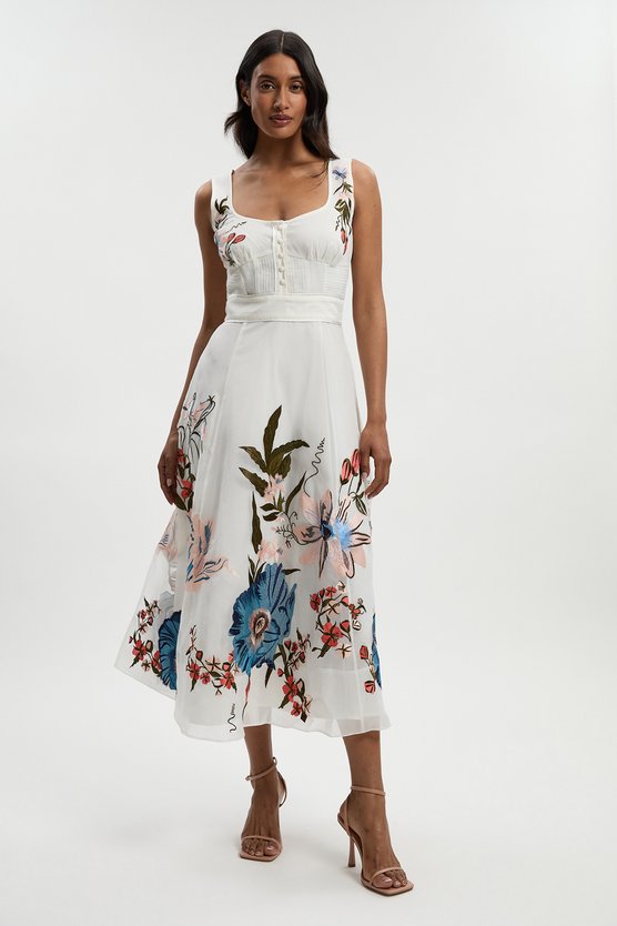 Karen Millen Botanical Embroidery Organdie Strappy Midi Dress Ivory
