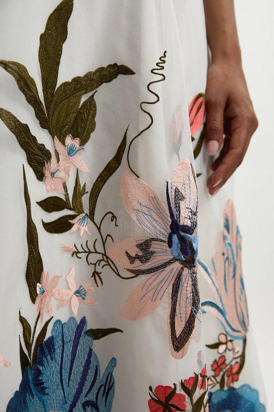 Karen Millen Botanical Embroidery Organdie Strappy Midi Dress Ivory