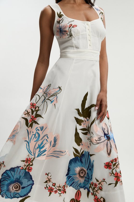 karen millen Botanical Embroidery Organdie Strappy Midi Dress ivory