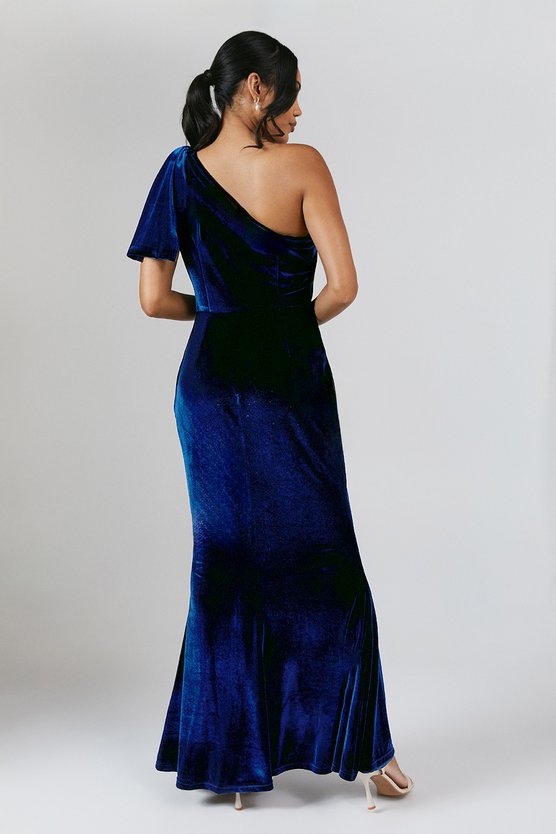 Karen Millen Bow One Shoulder Velvet Bridesmaid Maxi Dress Navy