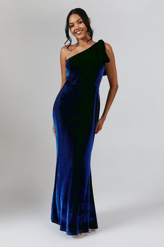 karen millen Bow One Shoulder Velvet Bridesmaid Maxi Dress navy