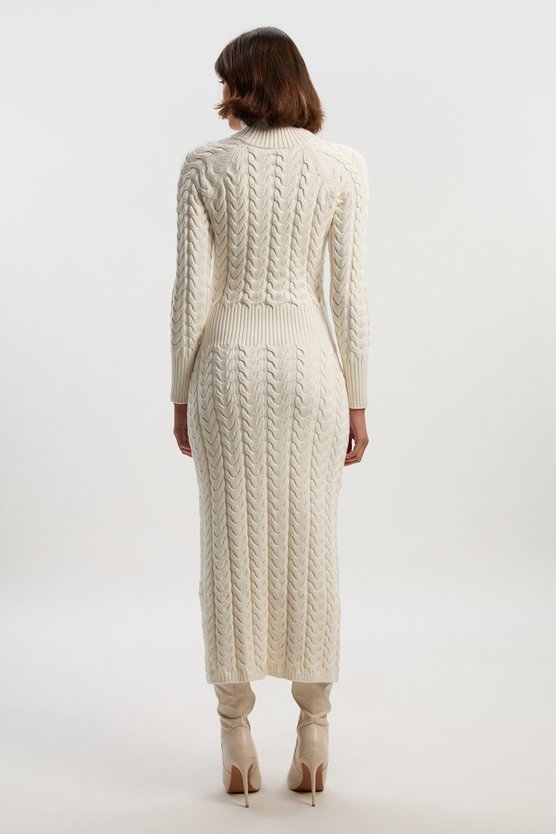 Karen Millen Cable Knit Funnel Neck Maxi Dress Cream
