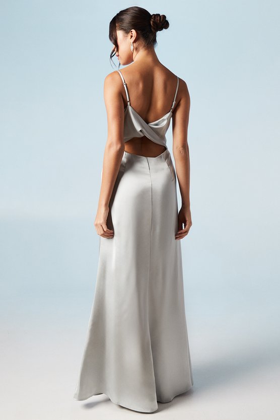 Karen Millen Cami Wrap Twist Back Satin Bridesmaid Maxi Dress Sage