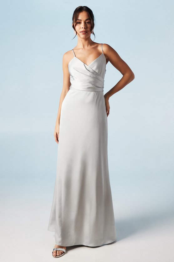 karen millen Cami Wrap Twist Back Satin Bridesmaid Maxi Dress sage