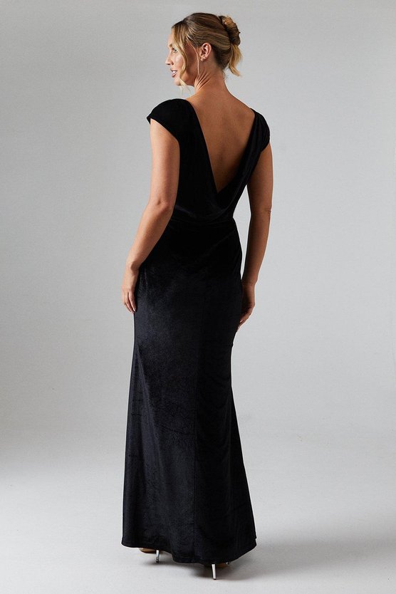 Karen Millen Cap Sleeve Cowl Back Velvet Bridesmaid Dress Black