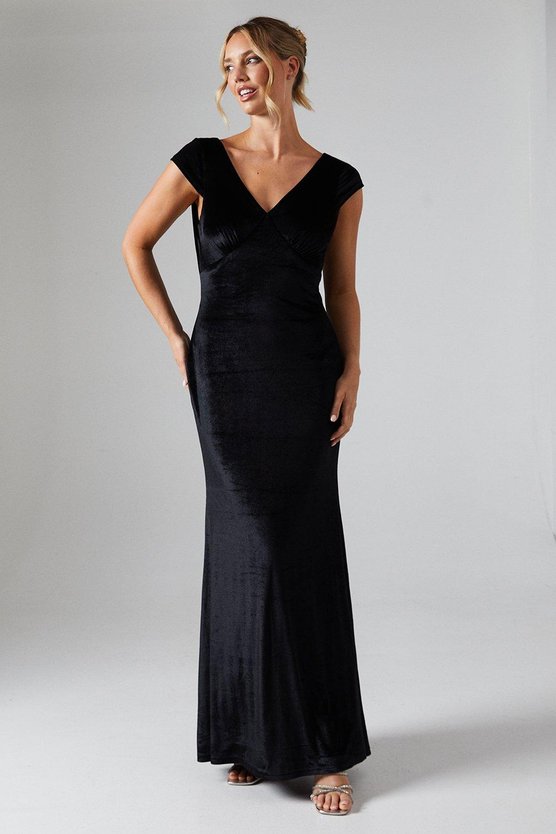 karen millen Cap Sleeve Cowl Back Velvet Bridesmaid Dress black