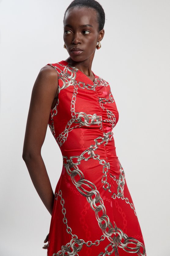 Karen Millen Chain Print Crepe Hanky Hem Midi Dress Red