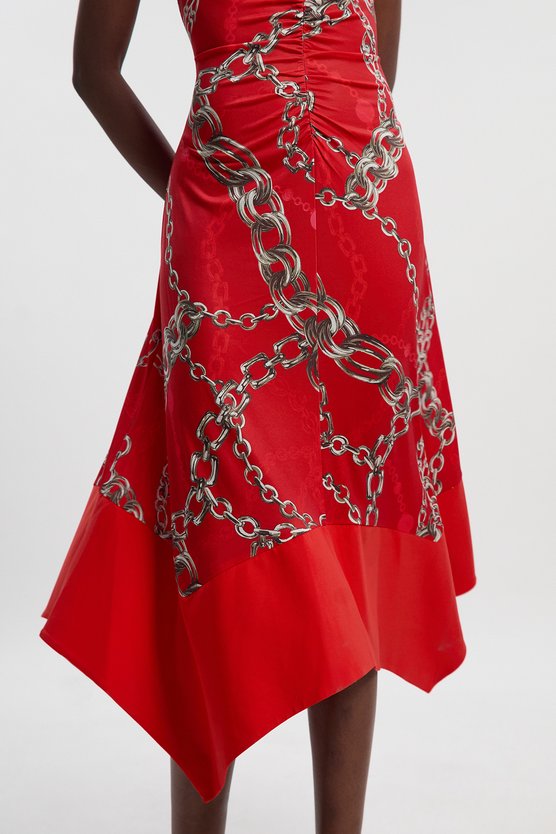 Karen Millen Chain Print Crepe Hanky Hem Midi Dress Red