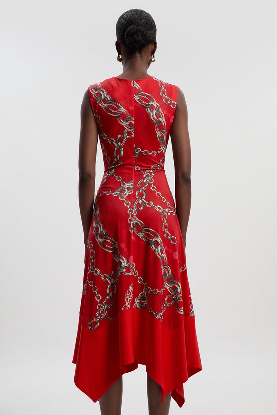 Karen Millen Chain Print Crepe Hanky Hem Midi Dress Red