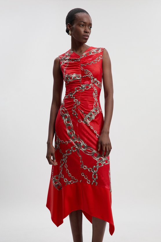 karen millen Chain Print Crepe Hanky Hem Midi Dress red