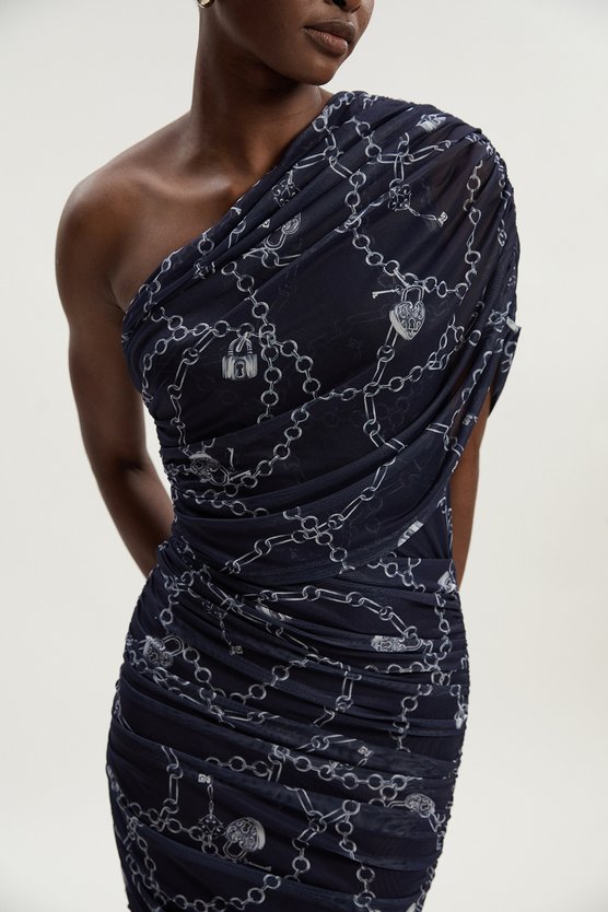 Karen Millen Chain Print Mesh One Shoulder Midi Dress Blue