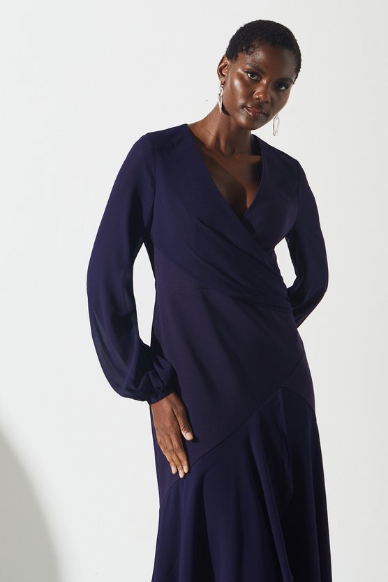 Karen Millen Chiffon And Crepe Mix Wrap Skirt Midi Dress Navy