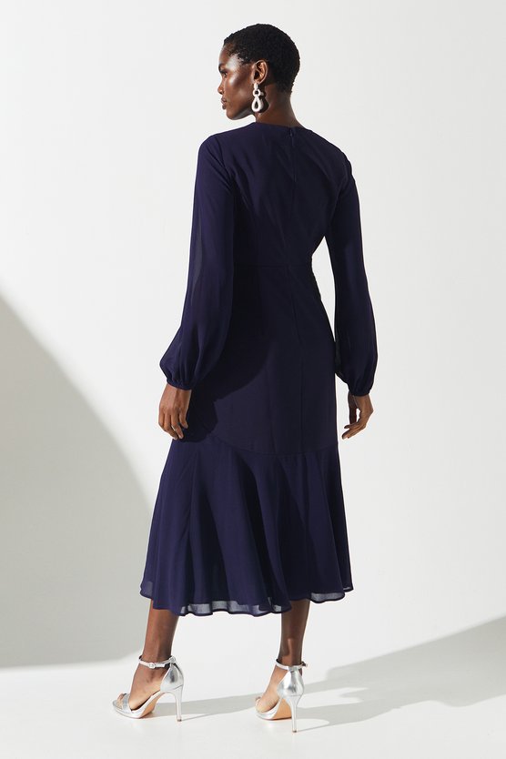 Karen Millen Chiffon And Crepe Mix Wrap Skirt Midi Dress Navy