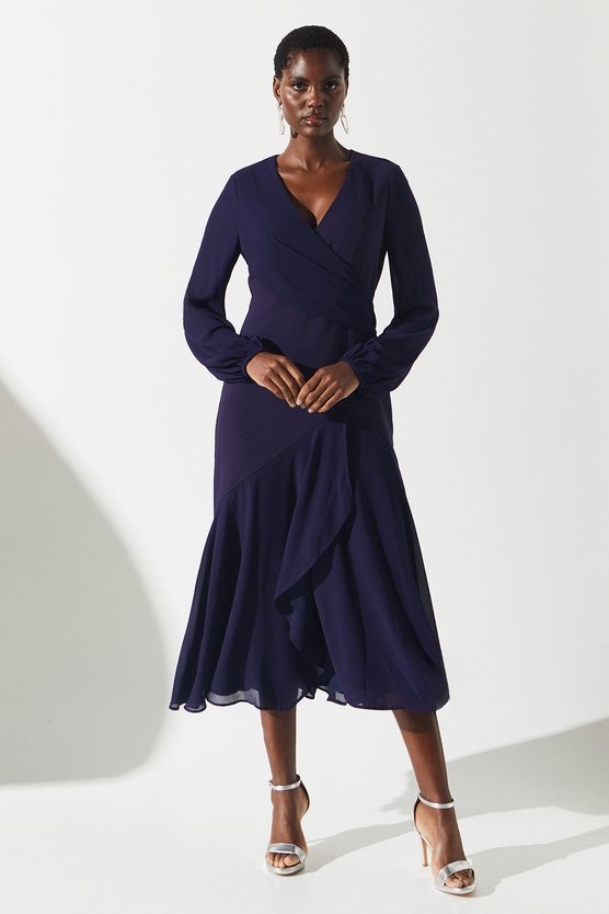 karen millen Chiffon And Crepe Mix Wrap Skirt Midi Dress navy