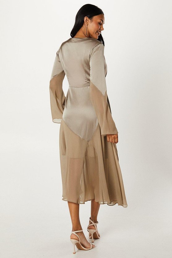Karen Millen Chiffon And Satin Wrap Wedding Guest Dress Silver Grey