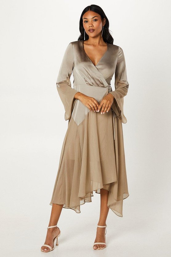 karen millen Chiffon And Satin Wrap Wedding Guest Dress silver grey