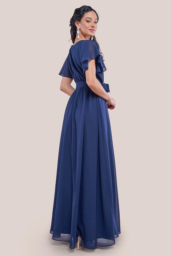 Karen Millen Chiffon Flutter Sleeve Wrap Maxi Dress Navy
