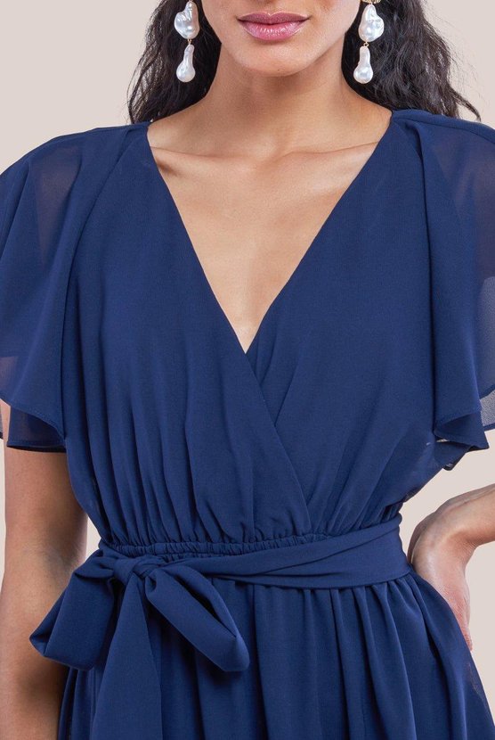 Karen Millen Chiffon Flutter Sleeve Wrap Maxi Dress Navy