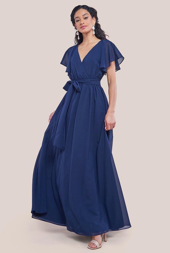karen millen Chiffon Flutter Sleeve Wrap Maxi Dress Navy