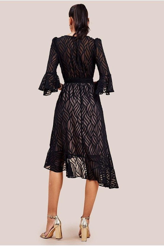 Karen Millen Chiffon Geo Wave Front Frill Wrap Midi Dress Cream