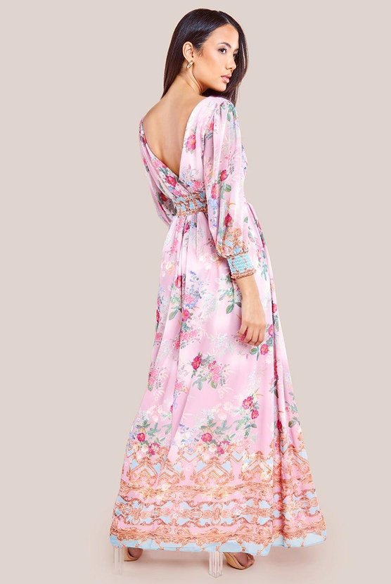 Karen Millen Chiffon Wrap Border Floral Print Maxi Dress Pink
