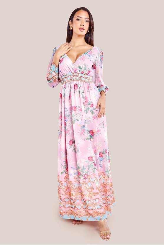 karen millen Chiffon Wrap Border Floral Print Maxi Dress Pink