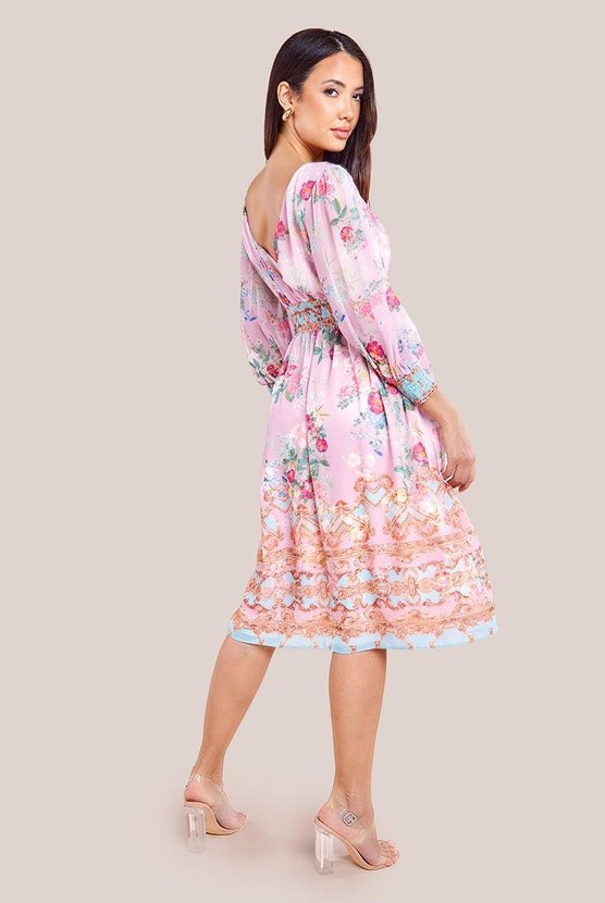 Karen Millen Chiffon Wrap Border Floral Print Midi Dress Pink