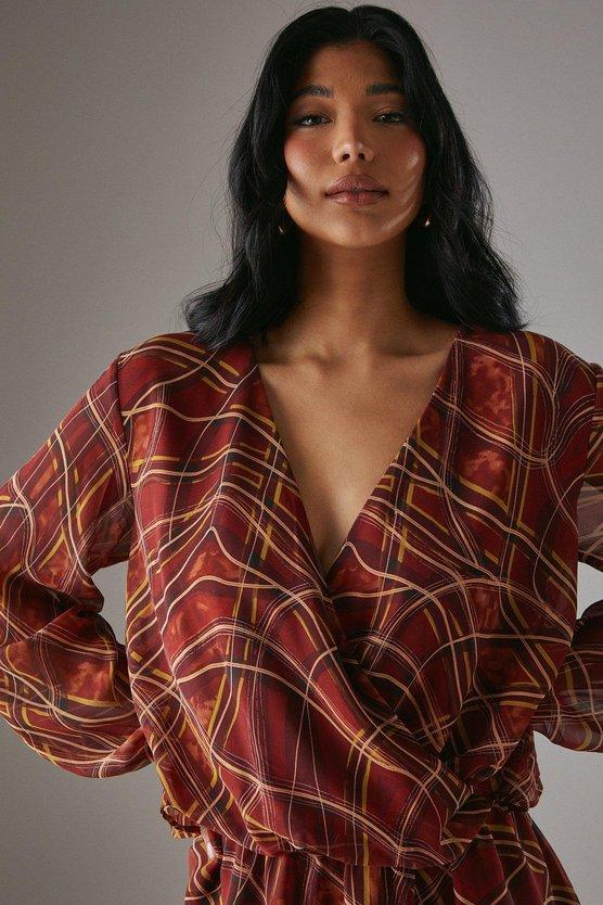 Karen Millen Chiffon Wrap Drop Waist Mini Dress Dark Red