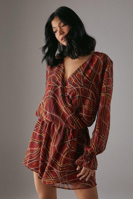 karen millen Chiffon Wrap Drop Waist Mini Dress dark red