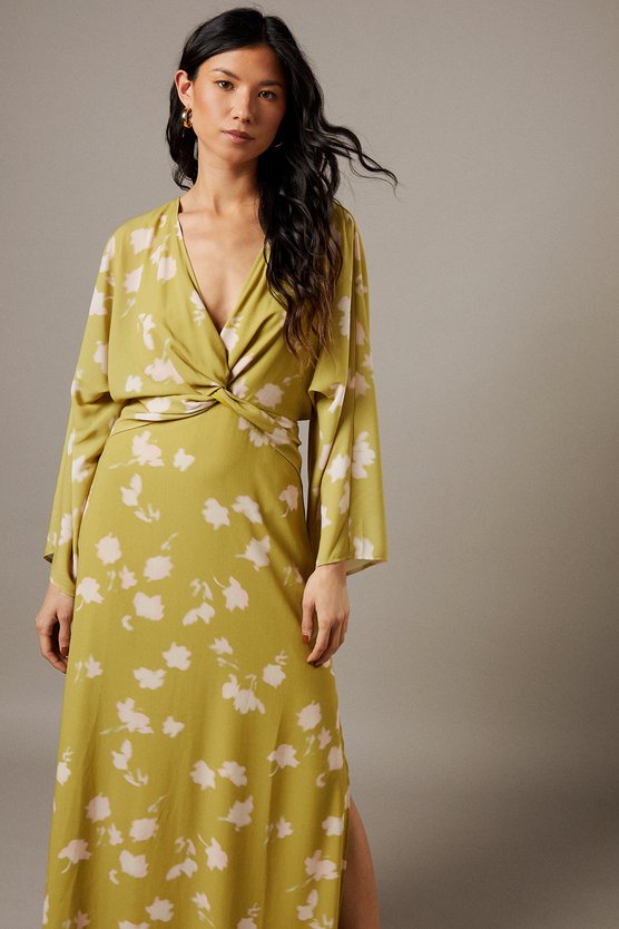 Karen Millen Chiffon Wrap Knot Front Maxi Dress Olive