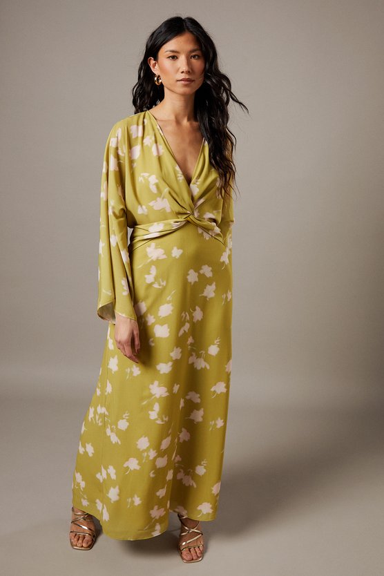 karen millen Chiffon Wrap Knot Front Maxi Dress olive