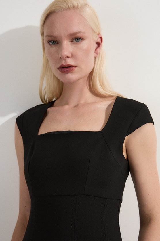 Karen Millen Clean Tailored Square Neck Full Skirted Midi Dress Black