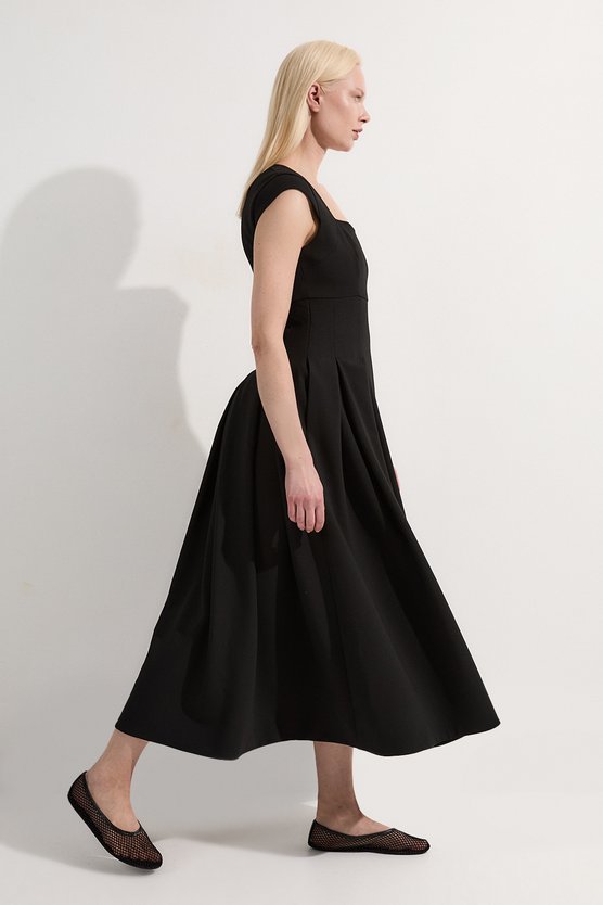 Karen Millen Clean Tailored Square Neck Full Skirted Midi Dress Black