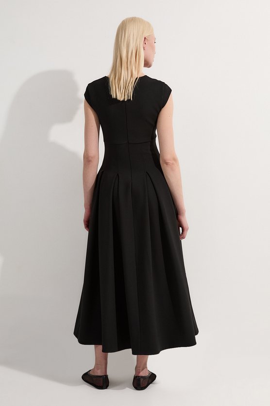 Karen Millen Clean Tailored Square Neck Full Skirted Midi Dress Black