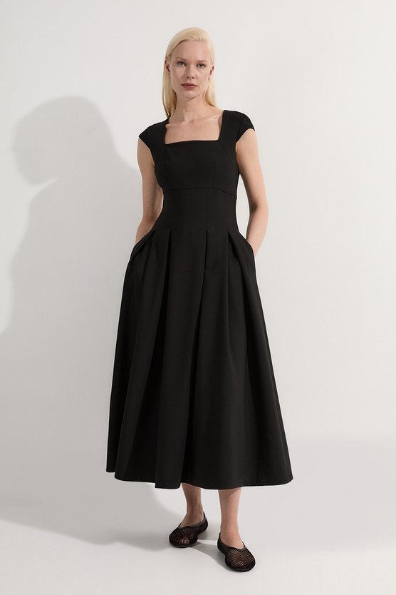 karen millen Clean Tailored Square Neck Full Skirted Midi Dress black