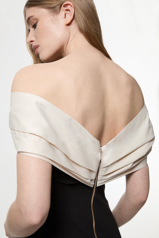 Karen Millen Clean Tailored Taffeta Mix Contrast Drama Sleeve Maxi Dress Mono