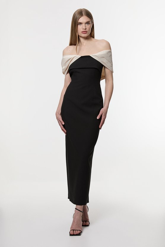 karen millen Clean Tailored Taffeta Mix Contrast Drama Sleeve Maxi Dress mono
